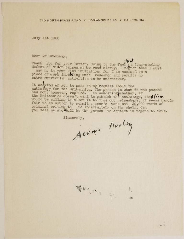 #10452 Typed Letter Signed - July 1st, 1950. Aldous Huxley.