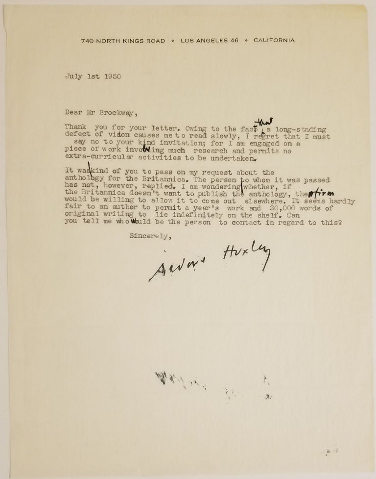 #10452 Typed Letter Signed - July 1st, 1950. Aldous Huxley.
