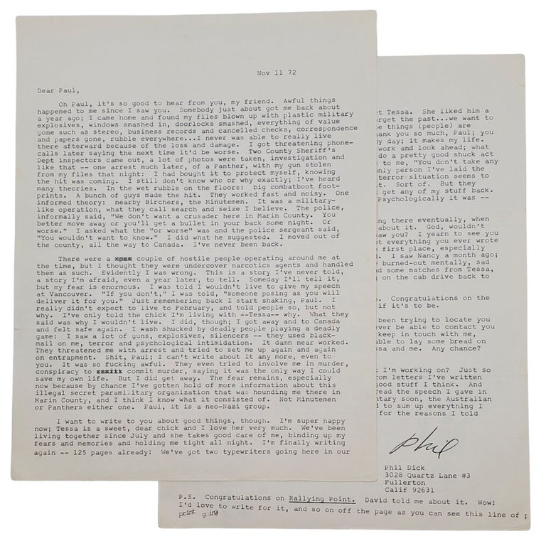 #10893 Typed Letter Signed to Literary Executor Paul Williams - 11/11/1972. Philip K. Dick.