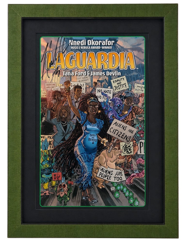 #11483 LaGuardia Promotional Poster Signed by Nnedi Okorafor. Nnedi Okorafor, Tana Ford, James Devlin.